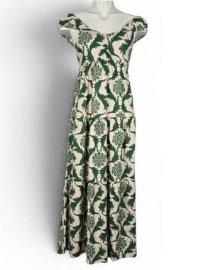 Monteau Los Angeles Women's Linen Blend Tiered Maxi Dress Green Floral Sz Small